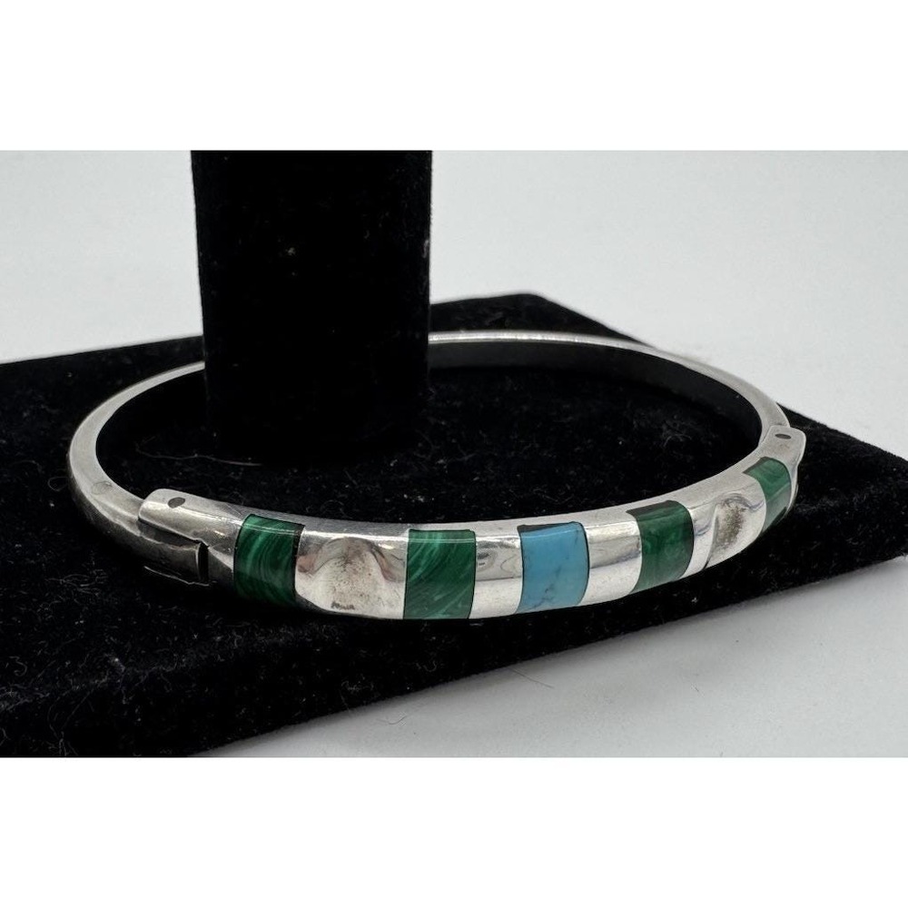Vintage Mexican 925 Sterling Silver Malachite Turquoise Inlay Hinged Bangle